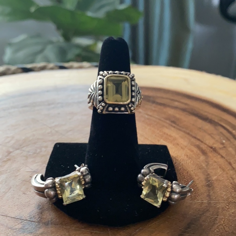 Stunning Vintage 925 Silver Ring & Earrings set with 14k Gold Trim